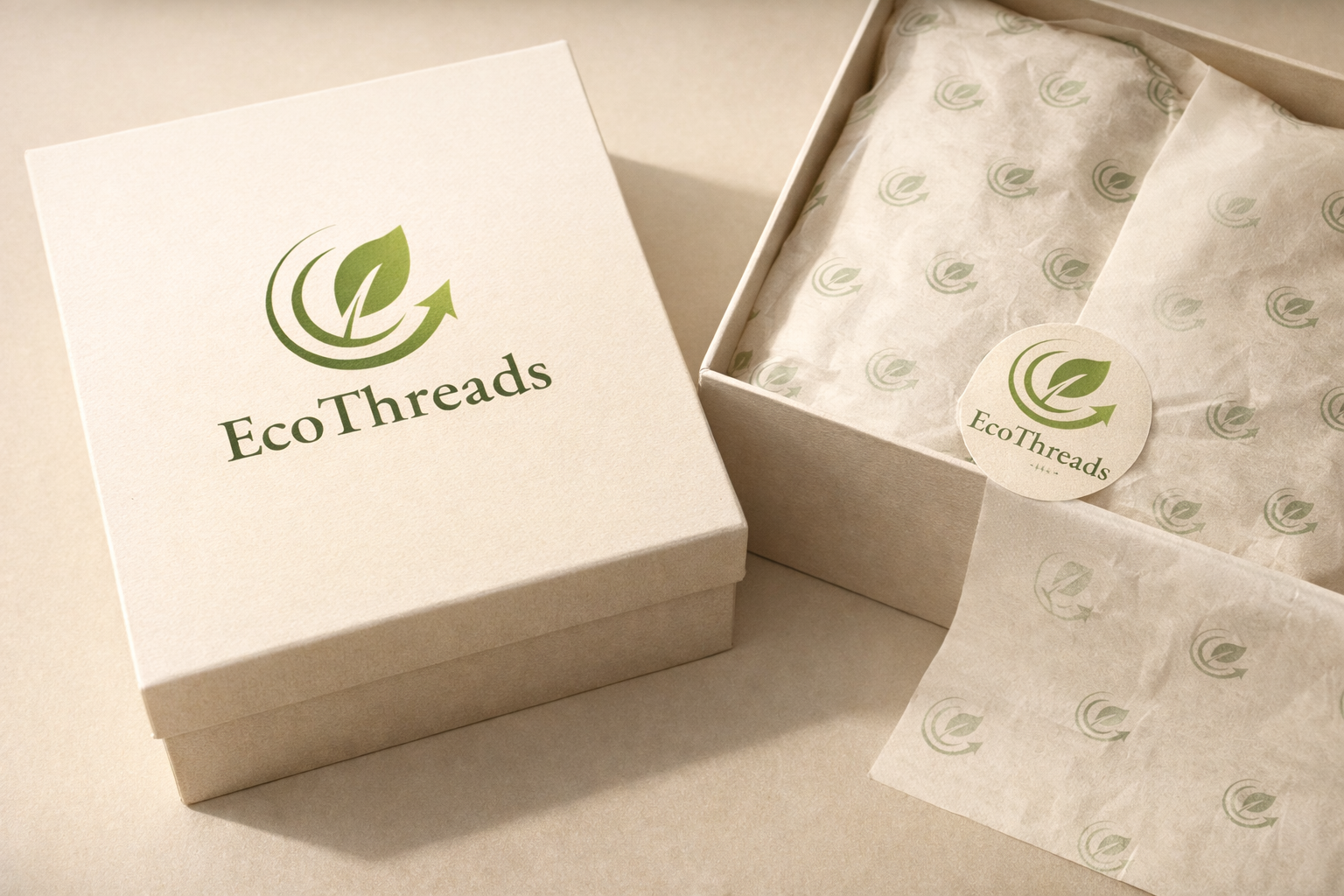 EcoThreads luxury eco-fashion brand identity mockup