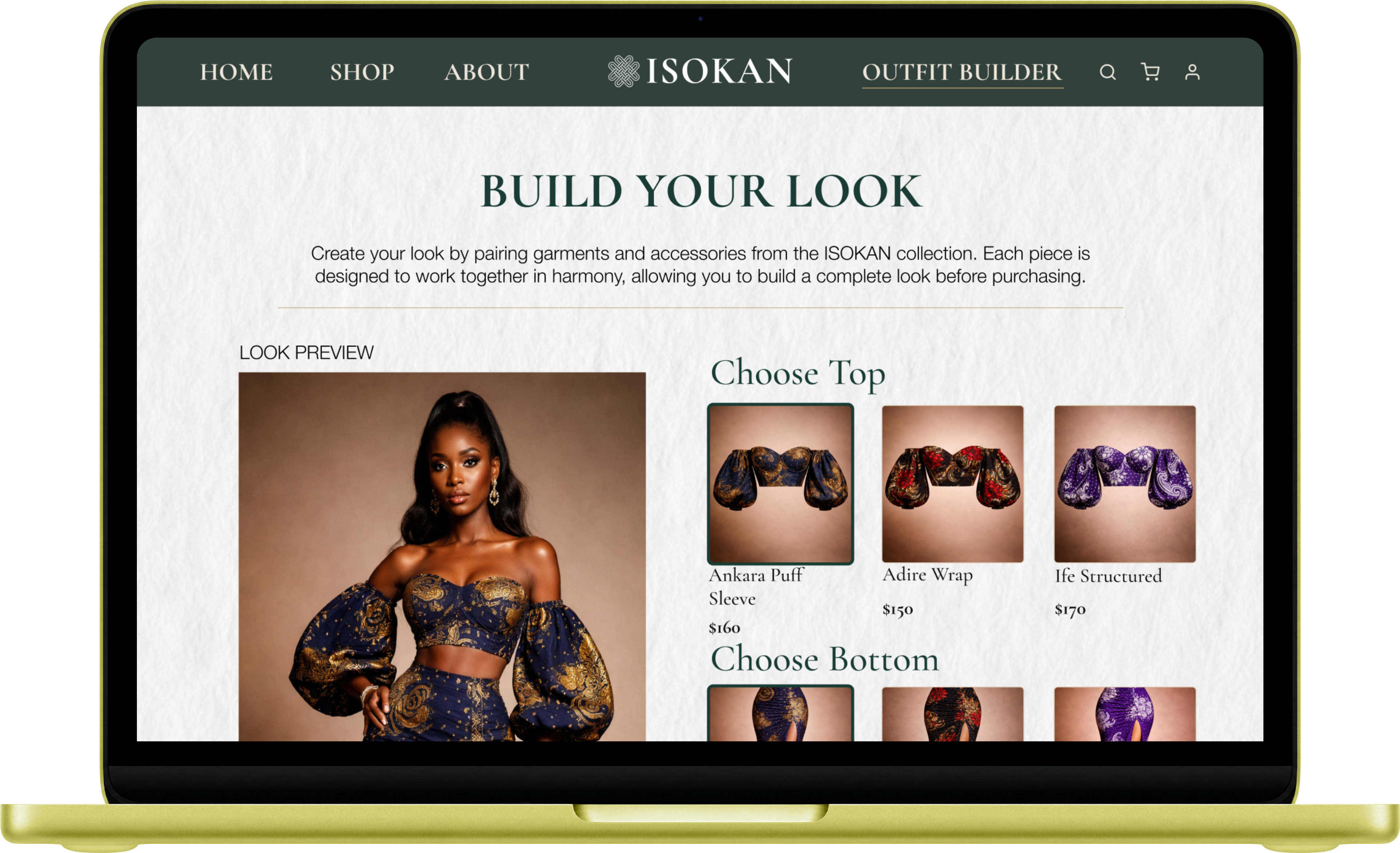 ISOKAN outfit builder desktop page mockup