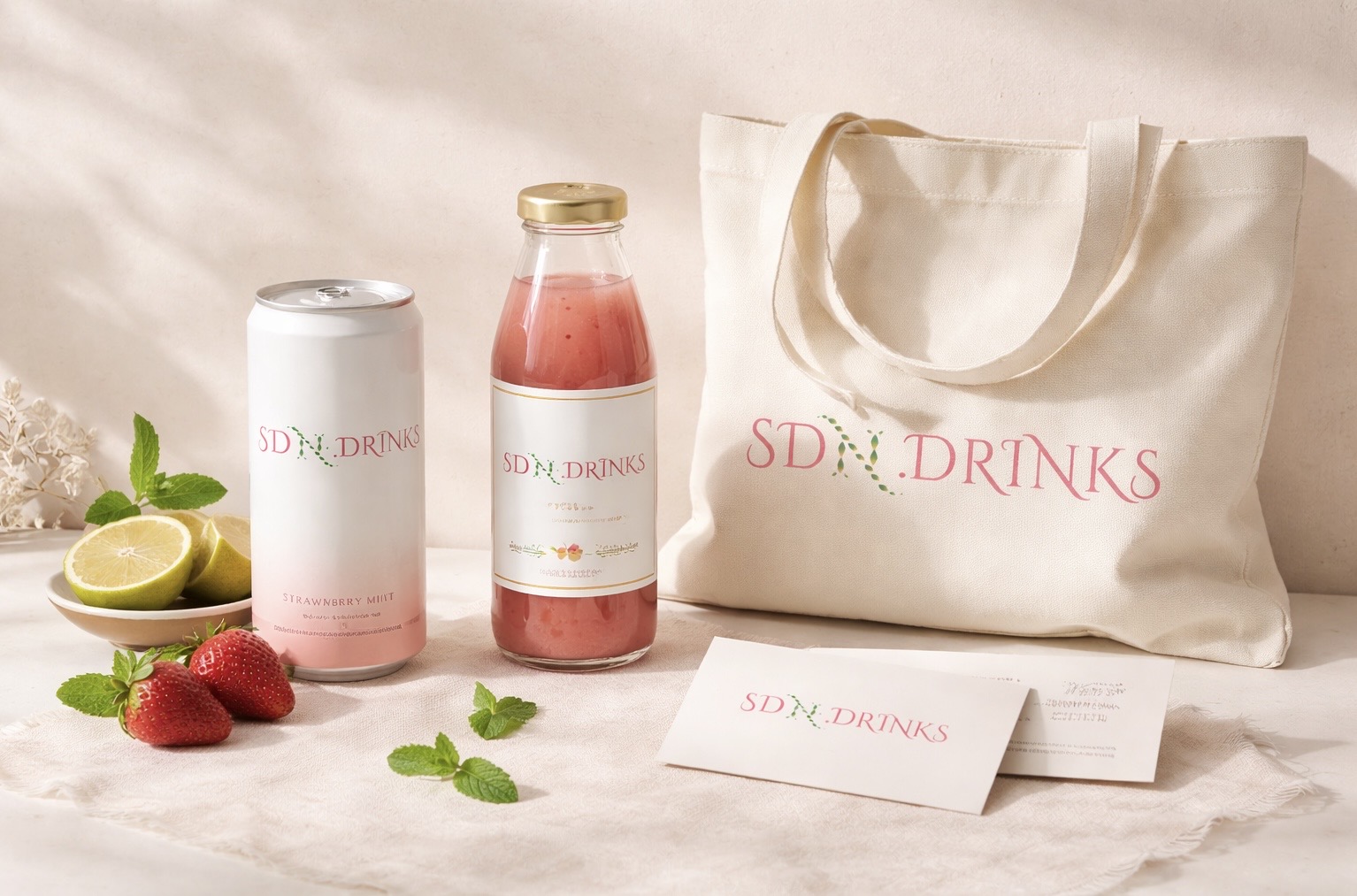 SDN Drinks branding mockup showing packaging and tote bag