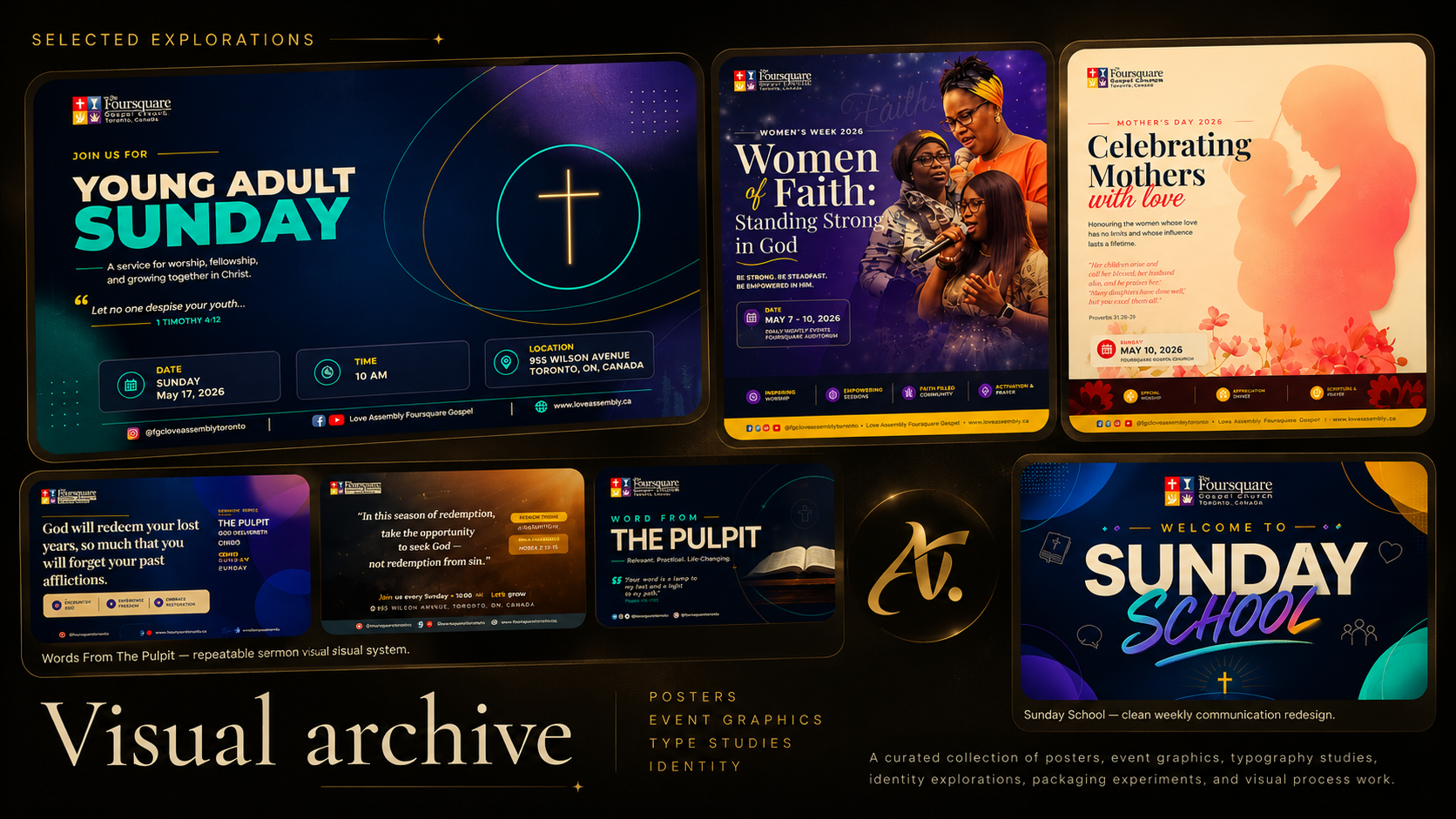 Selected explorations archive preview showing posters, event graphics, logo studies, and visual experiments